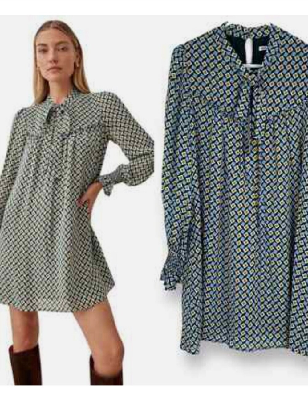 Reformation Navy and Cream Geometric Tie-Neck Long Sleeve Dress